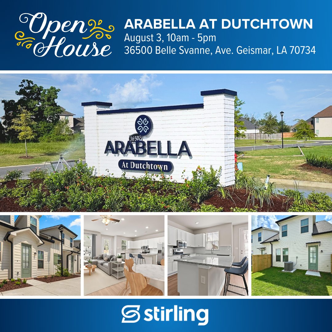 StirlingProp's tweet photo. ⭐️ Open House on Saturday, August 3rd, for the Arabella at Dutchtown! 🏡 Stirling is thrilled to have partnered with Level Homes to develop these beautiful townhomes in Geismar, Louisiana. This project highlights Stirling's commitment to build-to-rent developments.
#StirlingProud https://t.co/LIuOqzKOO7