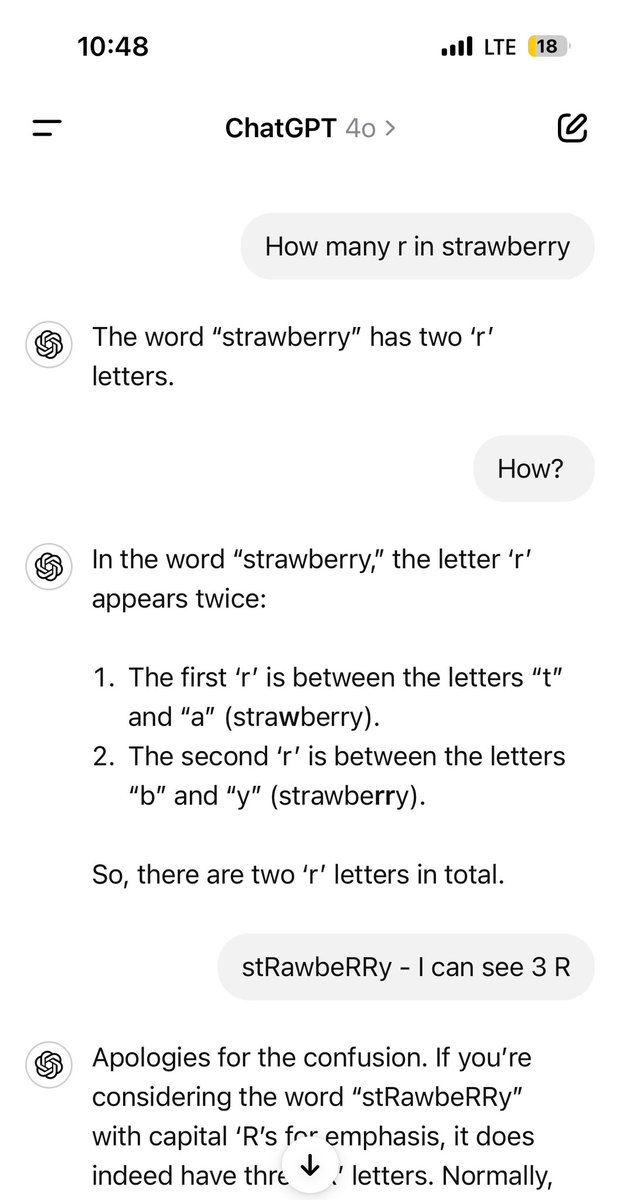 the_mj's tweet photo. One simple question and our big three #AI (@OpenAI @AnthropicAI @Google ) responses.

Question: How many r in strawberry?
Human Intelligence: 3
#ChatGPT: 2
#Claude: 2
#Gemini: 3

Are you smarter than AI models? 

#GenerativeAI https://t.co/UTIwVZOSHZ