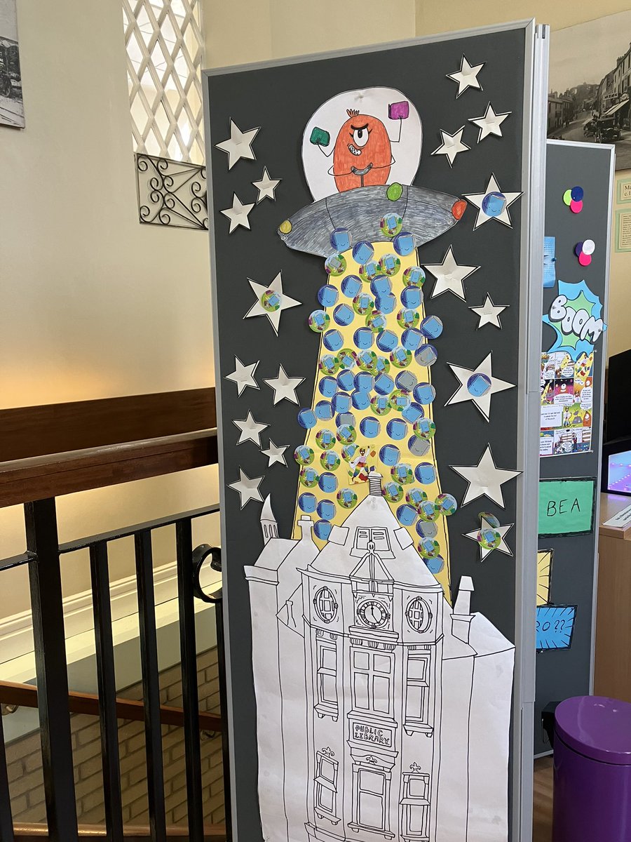 buliejell's tweet image. A very original way of engaging #children in our #ReadingHeroes challenge this summer at #ClitheroeLibrary pushing the #blurb out of the #library by encouraging children to put a sticker on the picture when they sign up @LancsLibraries