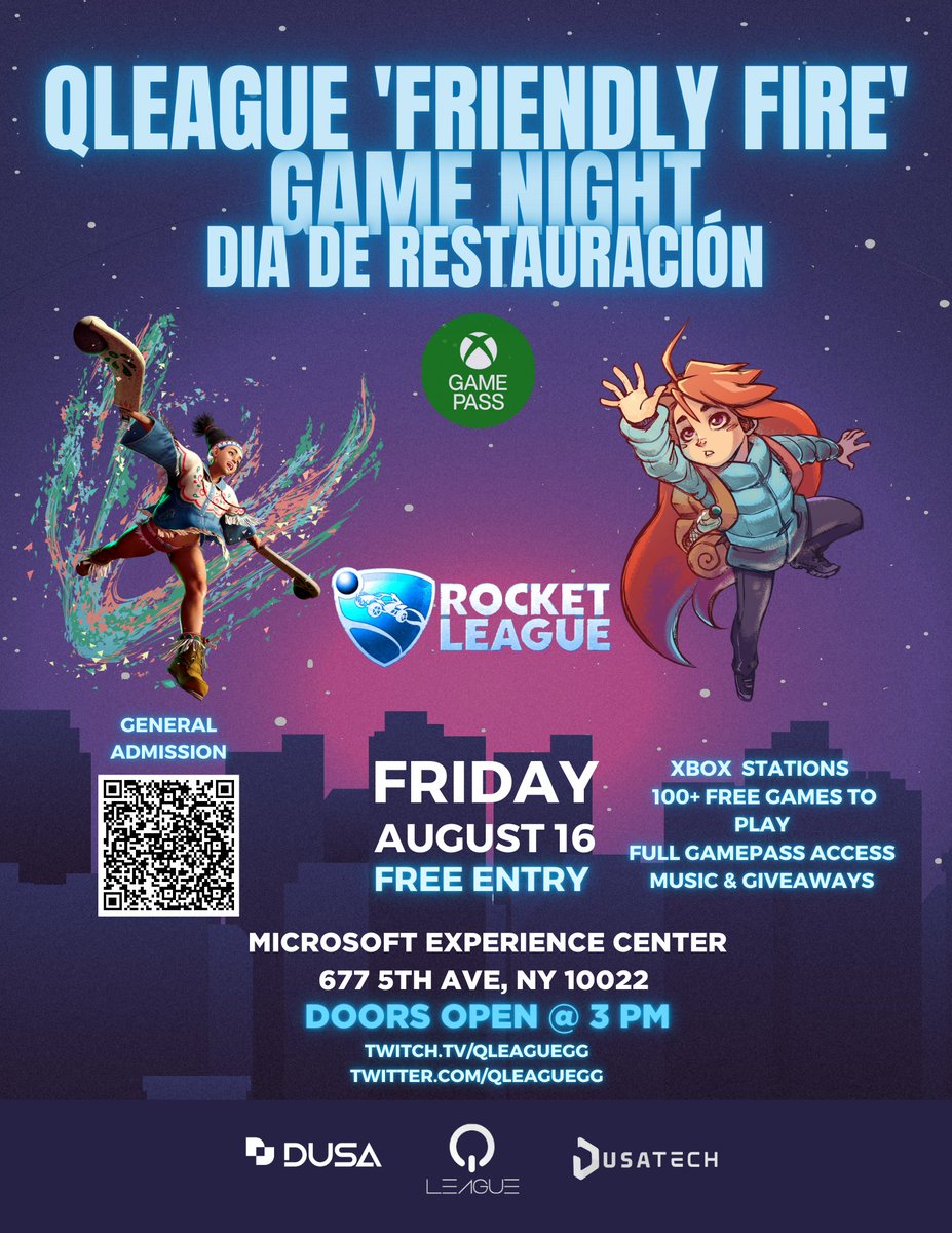 It's that time again! <a href="/QLeagueGG/">QLeagueNYC</a> x <a href="/YoSoyDUSA/">Dominicanos USA | DUSA</a> are hosting a casual Game Night &amp; Ambassador celebration on Friday Aug 16th! Be there from 3pm - 6pm at the <a href="/Microsoft/">Microsoft</a> Experience Center and celebrate Dominican Restoration day w/ us!🎮

🎟️Eventbrite Tickets: eventbrite.com/e/qleague-domi…