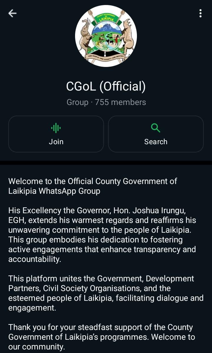 Laikipia County Government creates an open official Whatsapp forum for the  county leadership and administration engagement with the people on pertinent issues.What is your take?

@octoh031 <a href="/LkpOpShapers/">Robert Nyaliya</a> <a href="/Laikipia_1/">Kenneth Kamau-KK</a> <a href="/Laikipia_prince/">Laikipia Crown Prince</a> <a href="/LaikipiaCountyG/">County Government of Laikipia</a> <a href="/Son_of_Laikipia/">Wamutahi</a> @laikipiafine