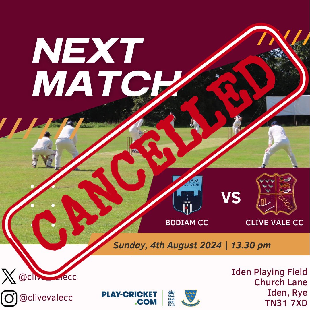 clive_valecc's tweet photo. Our game against @BodiamVillageCC has been cancelled. A replacement fixture will be announced in due course. https://t.co/hLMnrN4Zmn