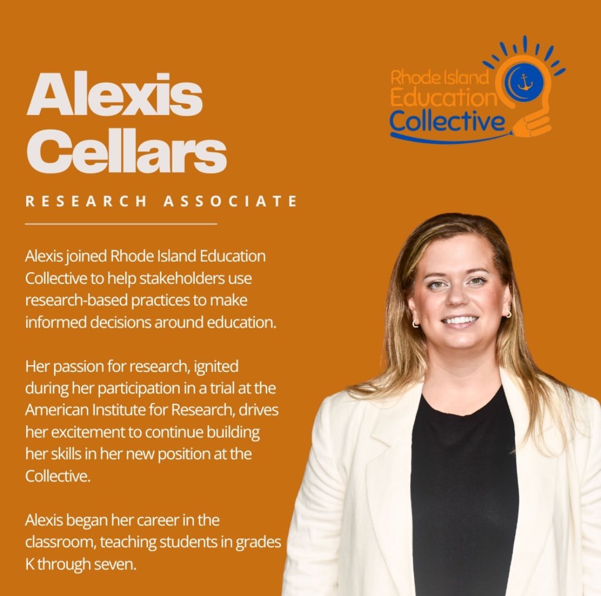 Our team continues to grow! We're pleased to introduce Research Associate Alexis Cellars. 

A former elementary teacher, Alexis is passionate about using 21st century research methods to provide valuable information and insight to educators and advocates. #education #rhodeisland