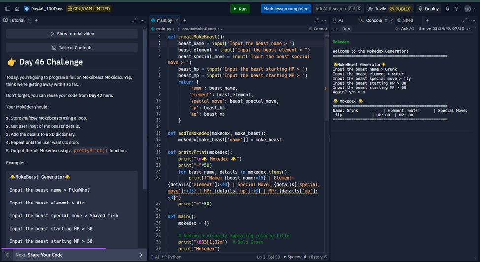 DayDayUp22's tweet image. 2️⃣ Replit100daysofcode: Day 46 Project

Python Project: Mokedex 🐍
3️⃣ freeCodeCamp: Day 47
Join me on this coding journey! 🚀

Open to collaboration on #Python and #JavaScript projects. Let&apos;s connect and create something amazing together. #CodeTogether #TechJourney