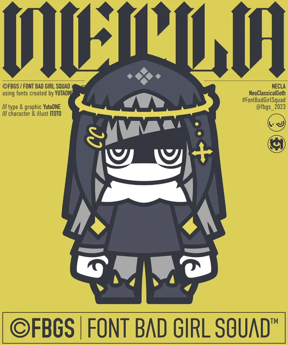 【ネクラちゃん】 ゆうたONEフォント「ネオクラシカルゴス」の書体イメージを擬人化という手法で表現しました! ーーーーー  ゆうたONEフォントを元ネタにいととさんがキャラデザ する公式擬人化プロジェクト「©FBGS|#フォントバッドガールスクワッド」です!是非フォローを!