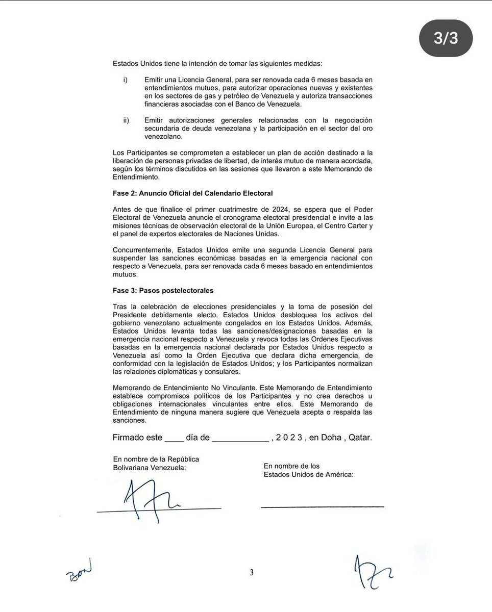 MADURO INTENTA PRESIONAR A EEUU HACIENDO PÚBLICO EL ACUERDO DE CATAR:

Maduro está realmente desesperado. Acaba de hacer público el Acuerdo de Catar firmado en secreto con el Gobierno de EEUU el 23 de septiembre de 2023. Lo hace para intentar presionar al Gobierno de EEUU, pero