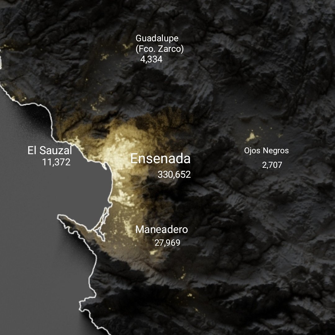 mapoteca_mx's tweet photo. Enfoquémonos en Ensenada y sus valles cercanos...

Con el detalle de este formato #PopRelief podemos identificar localidades grandes y muy pequeñas... 

En Ojos Negros estuvo la primer capital del Distrito Norte: Real de Castillo https://t.co/ClamL35ec9