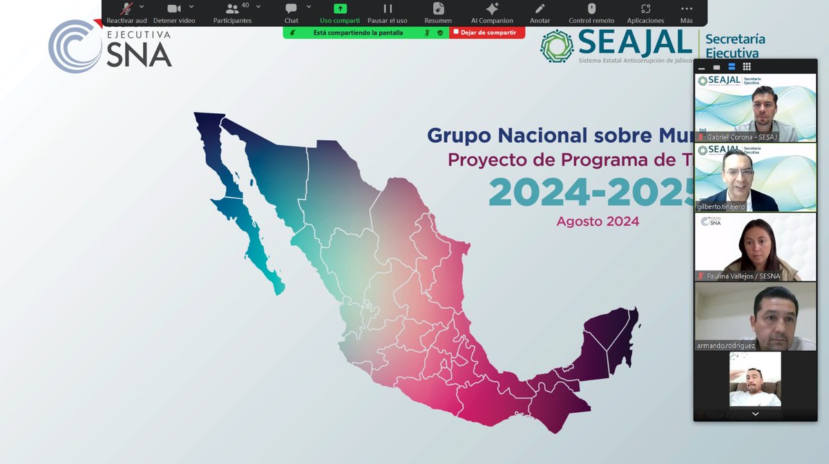 SEAJalisco's tweet photo. Titulares de las #SESEAS del país se reunieron de forma virtual, convocad@s por la @SESNAOficial, con el fin de integrar el grupo de trabajo para el Proyecto de Análisis del Papel de los Municipios en los Sistemas Anticorrupción, coordinado por @Gtinajero5, S.T. de la #SESAJ https://t.co/T0cRwtXP0w