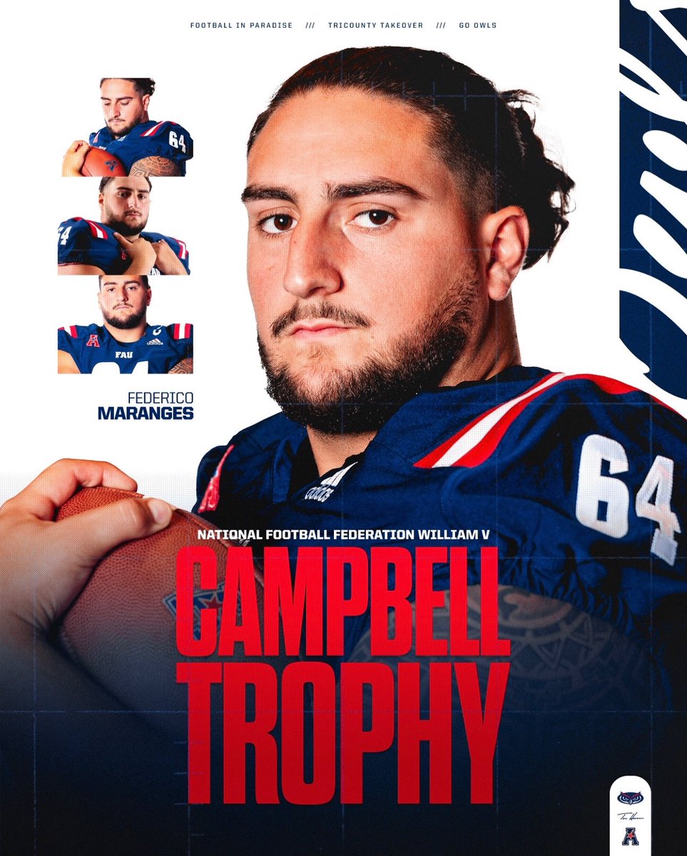 Florida Atlantic Football (@faufootball) on Twitter photo Awarded on the basis of academics, community service, and on-field performance, <a href="/FedeMaranges/">Federico Maranges</a> is a true student-athlete.
Congratulations on the Campbell Award nomination!🏆
#TriCountyTakeover
#WinningInParadise Awarded on the basis of academics, community service, and on-field performance, <a href="/FedeMaranges/">Federico Maranges</a> is a true student-athlete.
Congratulations on the Campbell Award nomination!🏆
#TriCountyTakeover
#WinningInParadise