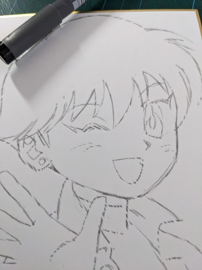 おなじみ新キャラの六道美久・カラー・ミニ色紙です。リクエストいただきました。ありがとうございます!①ラフを描きます②裏からシャーペンで塗りつぶします③色紙に転写できました 