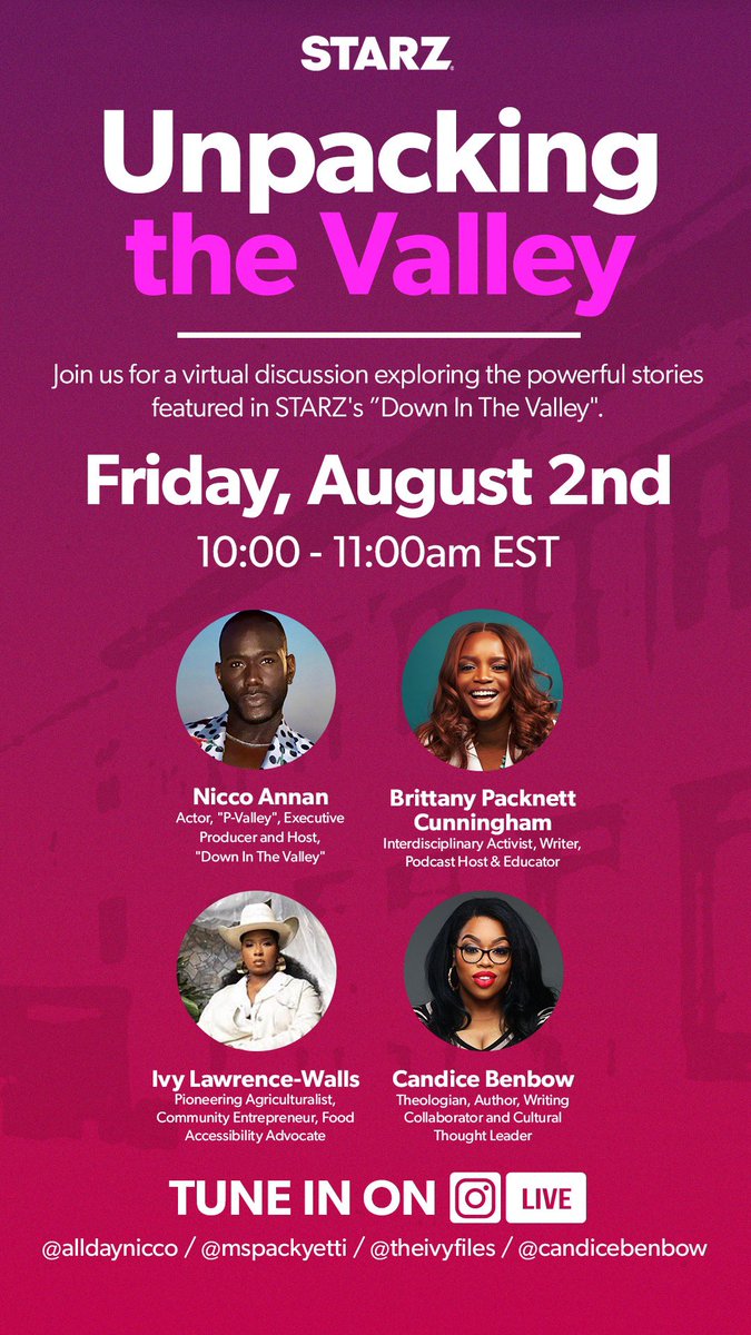 AllDayNicco's tweet photo. Sample Copy:
This week is the finale of #DownInTheValley! You’ll want to be caught up for this special conversation I’m having. Join me Friday on IG Live as I chat w/ @mspackyetti, @theivyfiles, &
@candicebenbow for a powerful discussion unpacking the stories
#DownInTheValley. https://t.co/0zZz5yMfac