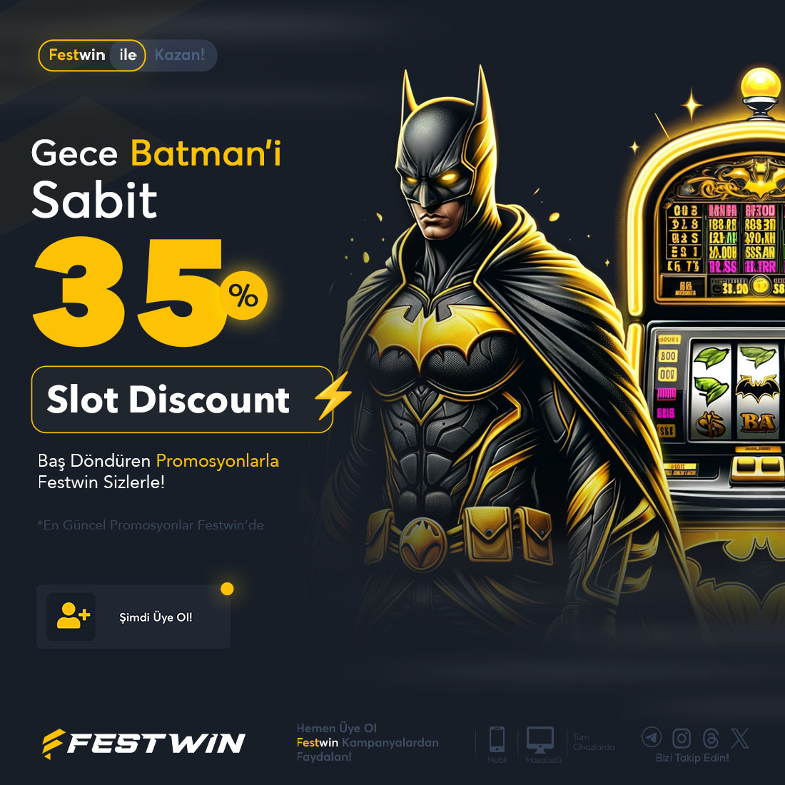 🦇 Gece Batman' i İle Kayıplarınıza Son Veriyoruz!

💸 Festwin' den Gece Batman' i %35 Sabit Slot Discount ile bahis keyfiniz yarıda kalmasın! Slot kayıplarınızda Festwin Batman' i yanınızda ! 

💀 Festwin Batman' i İle Korkusuzca Savaşmaya Hazır Mısın ?