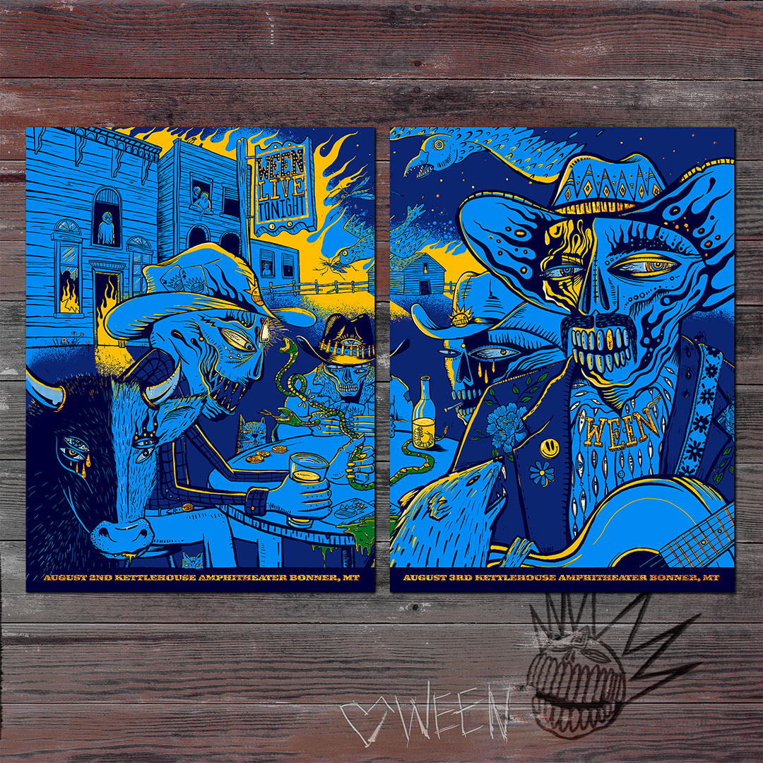 Ween is in Bonner, MT tonight and tomorrow. The event posters are by <a href="/trustzabo/">peter karpick</a>. Head to the merch stand to pick yours up while supplies last.

There will also be a special web-exclusive variant available today in the official Ween store at 4pm ET: ween.themerchcollective.com