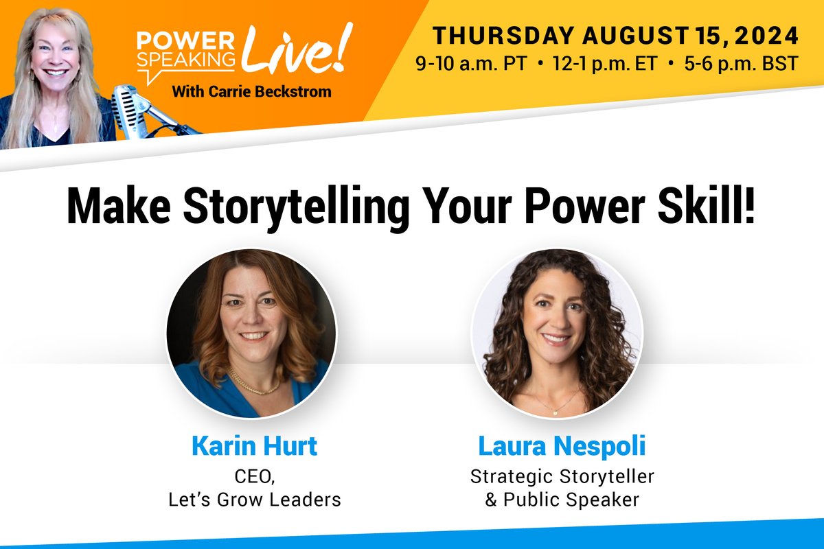PowerSpeaking's tweet image. Join us as CEO Carrie Beckstrom hosts a lively panel discussion with expert storytellers Karin Hurt and Laura Nespoli. 

REGISTER: hubs.ly/Q02JPxd80

#carriebeckstrom #pslive #powerspeakinglive #storytelling