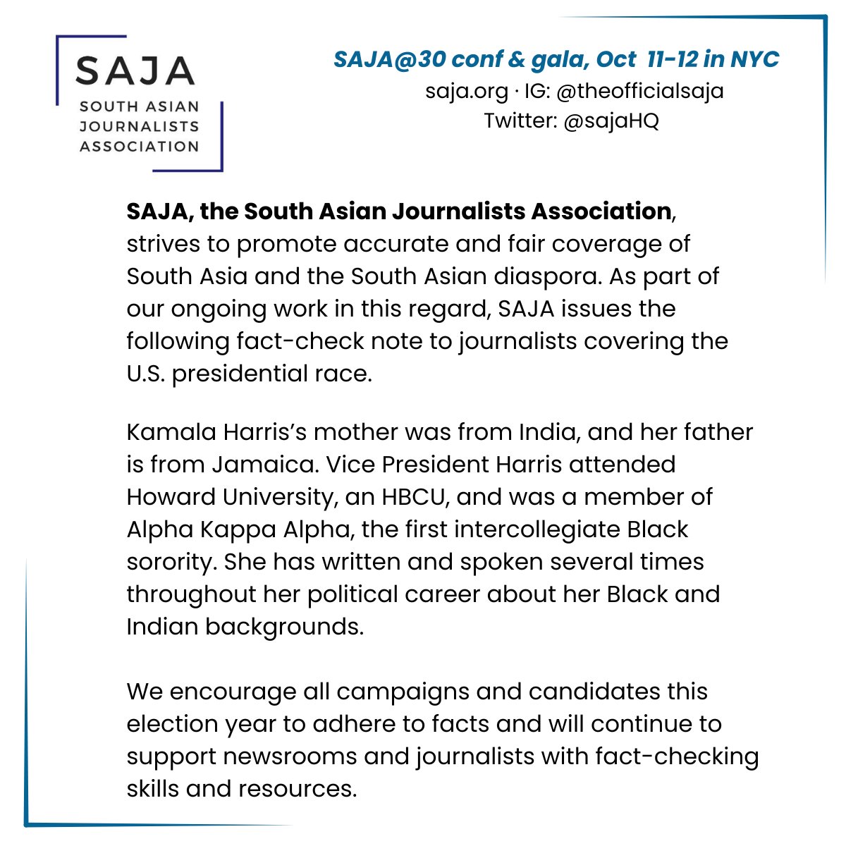 SAJA statement on former President Trump's remarks about Vice President Harris's heritage. #factcheck