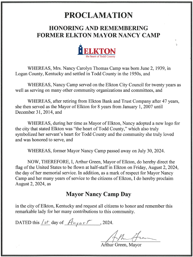 ElktonKy's tweet photo. Mayor Arthur Green and City Council were saddened to hear of the death of former Elkton Mayor Nancy Camp on July 30, 2024. Nancy served on the City Council for 20 years and then as Mayor for 9 years. Mayor Green has issued the following proclamation. https://t.co/aNJPAemESU