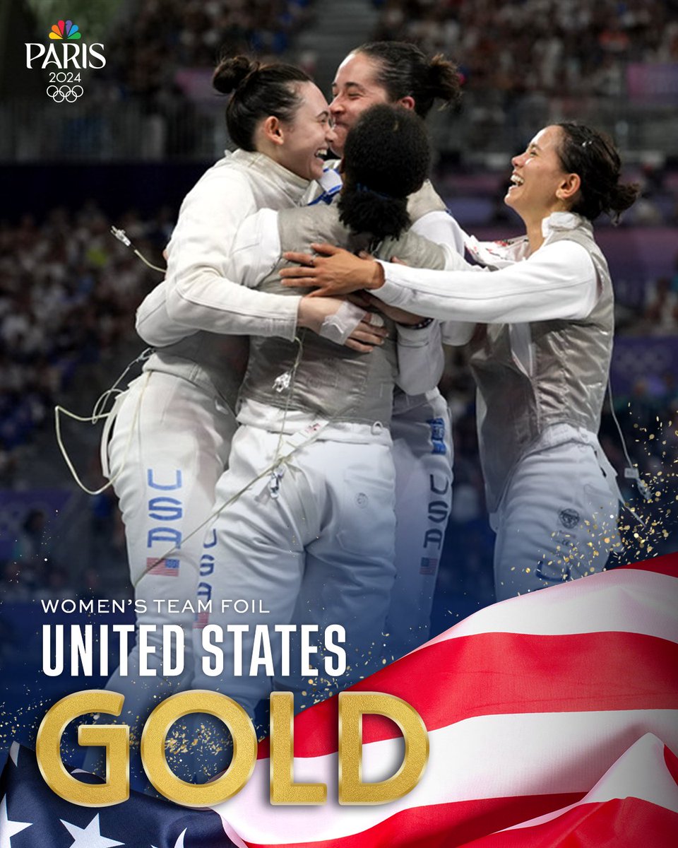 NBCOlympics's tweet photo. The first women’s team foil gold for Team USA! 🥇🇺🇸 #ParisOlympics https://t.co/w23o4PIikj