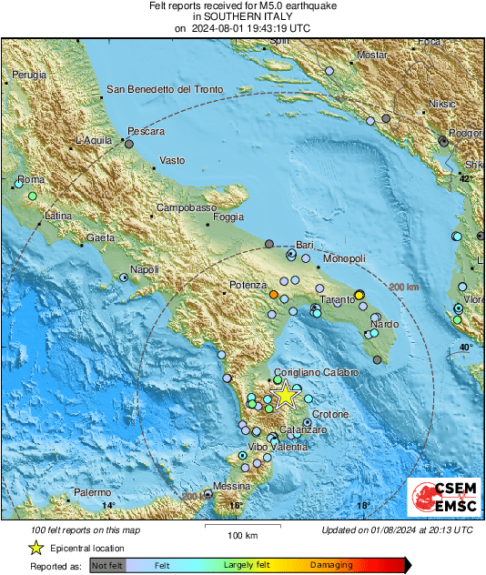 LastQuake's tweet photo. @EarthScope_sci #Earthquake 22 km SE of #Rossano (#Italy) 34 min ago (local time 21:43:19). Updated map - Colored dots represent local shaking & damage level reported by eyewitnesses. Share your experience via:
📱https://t.co/IbUfG7TFOL
🌐https://t.co/ySlXXXJaGc https://t.co/ypsNRQtzvD