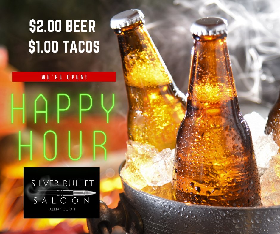 bulletsaloon's tweet photo. Who is ready for HAPPY HOUR &amp; TACOS? 
Happy Hour $2 Beers &amp; $1 Tacos!
3pm to 6pm Tuesday - Wednesday
5pm to 7pm Thursday - Friday
Silver Bullet Saloon
#HappyHourFun #allianceohio #starkcounty #Cheers https://t.co/UbJmw5zjIB