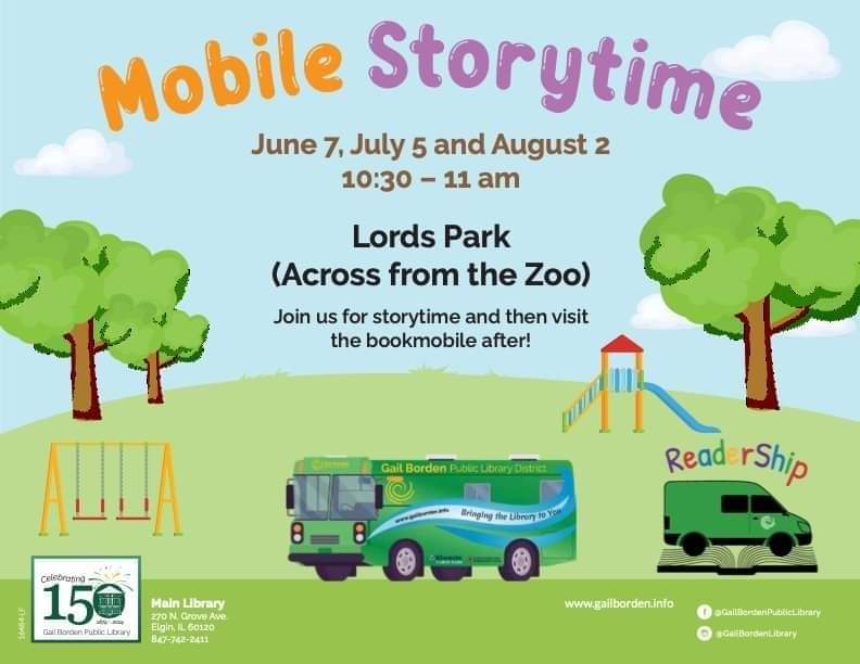 U46EarlyLearner's tweet photo. Don't miss Gail Borden Public Library last Mobile Storytime at Lords Park. Come listen to Storytime and visit the bookmobile after! #readinginthepark @gailbrdnlibrary https://t.co/cBxq6jbDq9