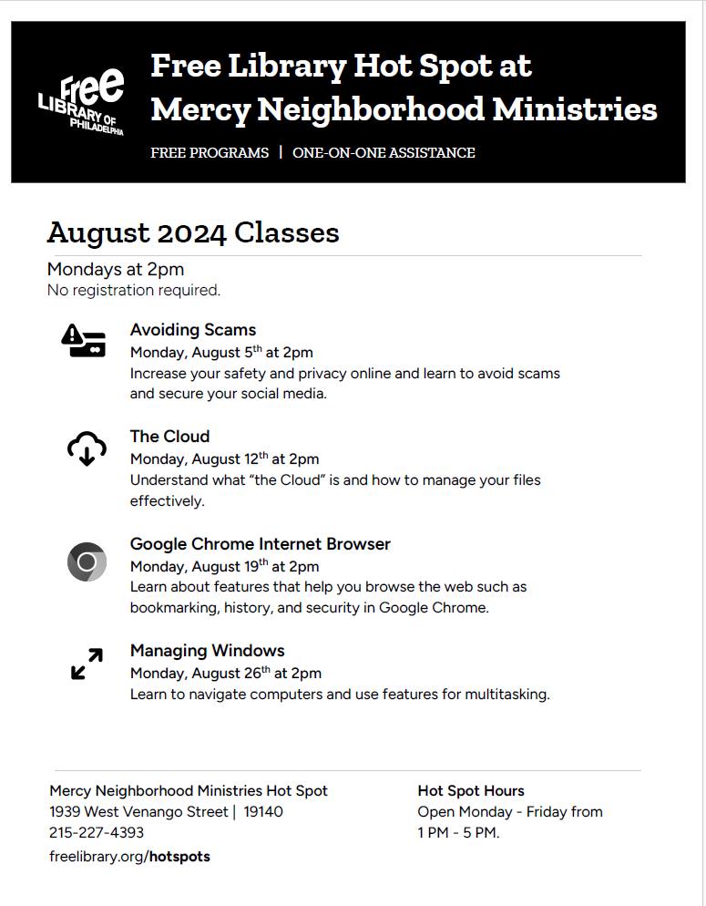 Visit us this month for free classes and open computer use. Open Monday to Friday 1pm - 5pm. 💻