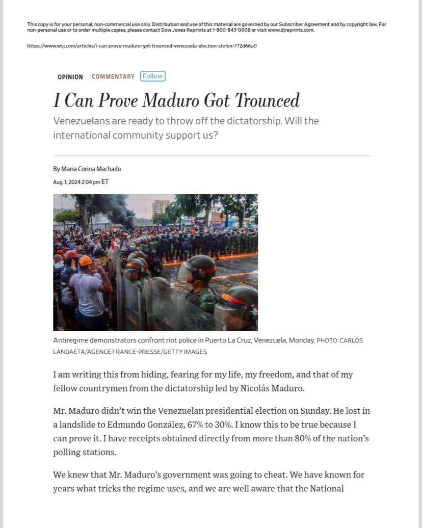 NicmerEvans's tweet photo. María Corina Machado pasa a la clandestinidad...

La líder opositora María Corina Machado anunció este jueves, en un artículo publicado en el diario The Wall Street Journal, que pasa a la clandestinidad porque teme por su vida, tras las amenazas de Nicolás Maduro.

«Escribo esto desde la clandestinidad, temiendo por mi vida, mi libertad y la de mis compatriotas de la dictadura liderada por Nicolás Maduro», Inicia su escrito María Corina . «Podría ser capturada mientras escribo estas palabras».