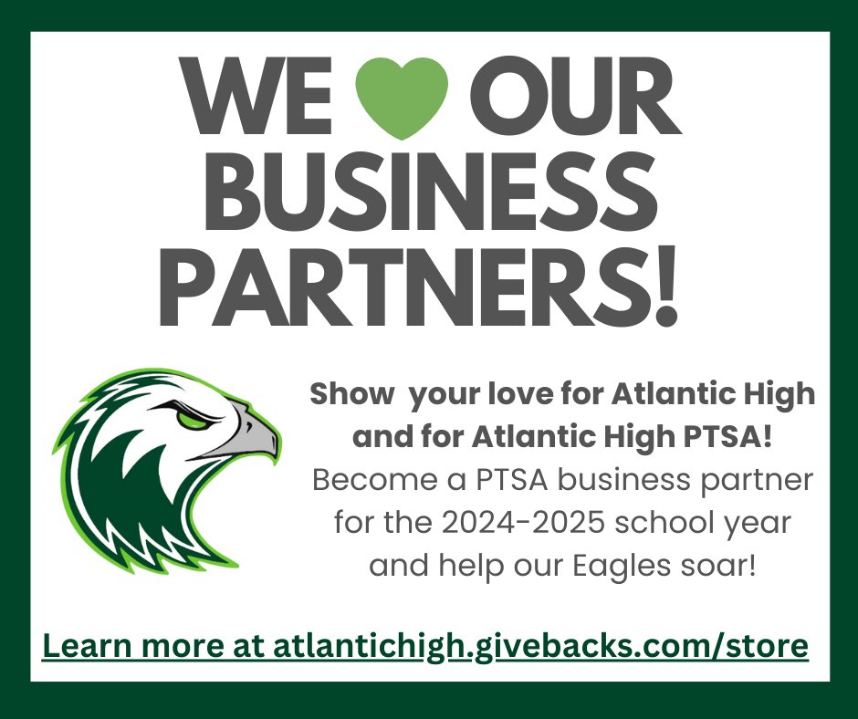 Show love to <a href="/ATL_Eagles/">Atlantic High School</a>! Become a PTSA Business Partner today! 💚🦅

We have business partners at all levels! Find out how you can promote your #DelrayBeach business and support the teachers, staff and students at Atlantic High: atlantichigh.givebacks.com/store?limit=21…