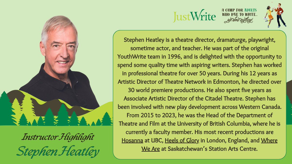 Introducing JustWrite instructor Stephen Heatley!

Stephen is a theatre director, dramaturge, playwright, and more🖊️🏔️🎭 We’re so excited for his workshop at our writing retreat in the mountains!

🗓️: Nov. 1-3, 2024
💲: Early bird prices end Aug. 10!
Info: youthwrite.com/justwrite-2024…