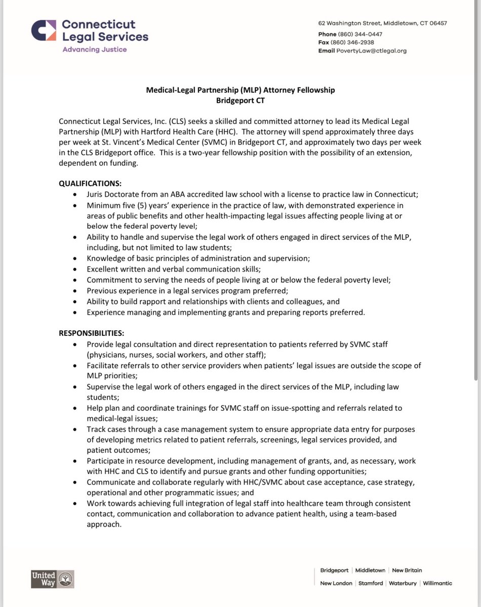 CTLegal's tweet image. CLS seeks a skilled and committed attorney to lead its Medical Legal Partnership with Hartford Health Care. The attorney will spend approximately three days per week at St. Vincent's Medical Center in Bridgeport CT, and approximately 2 days per week in the CLS Bridgeport office.