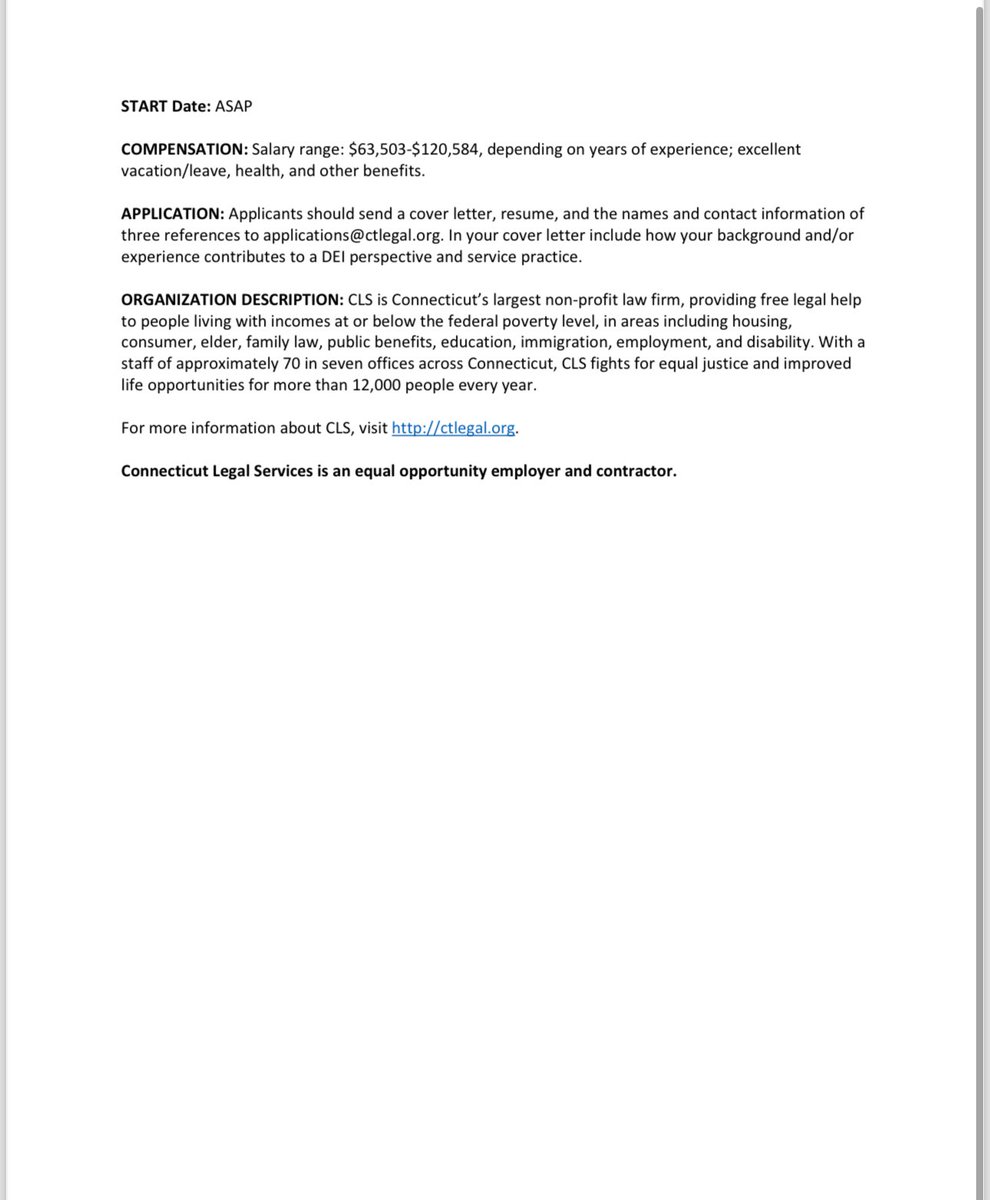 CTLegal's tweet image. CLS seeks a skilled and committed attorney to lead its Medical Legal Partnership with Hartford Health Care. The attorney will spend approximately three days per week at St. Vincent's Medical Center in Bridgeport CT, and approximately 2 days per week in the CLS Bridgeport office.