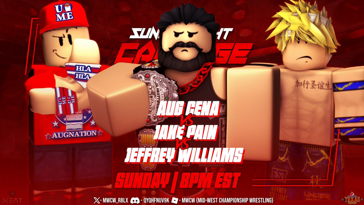MWCW_RBLX's tweet photo. ➤In triple threat action, The Leader of the Aug Nation
@AugCena takes on The NEW MWCW Jr Heavyweight Champion #JakePain and @RoJeff_Williams. Which competitor will come out on top?
#MWCW https://t.co/66EYlhA9ED