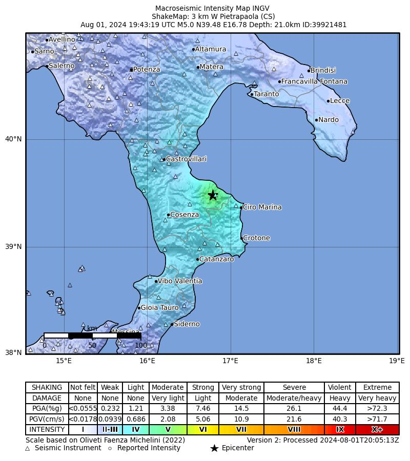 GlobalQuakeIT's tweet photo. Mappa del livello di scuotimento misurato da INGV del #terremoto in Calabria. https://t.co/6CtoCupSz1