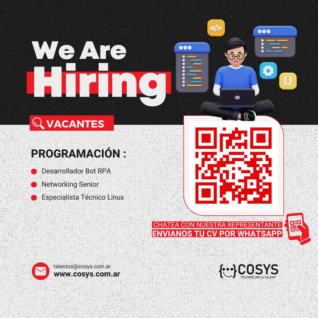 Cosys_IT's tweet photo. 🔍¿Buscas nuevas ofertas de trabajo pero te cuesta encontrar el empleo ideal? ¡Envíanos tu CV!¿Cómo?🤔
📱Chatea con nuestra representante por WhatsApp +54 9 11 2244-7040 🤩
#GrupoKELSOFT #Cosys #EmpleoIT #EmpleoRemoto #CV #VacantesIT #TrabajoRemoto https://t.co/1URAPYmCjg