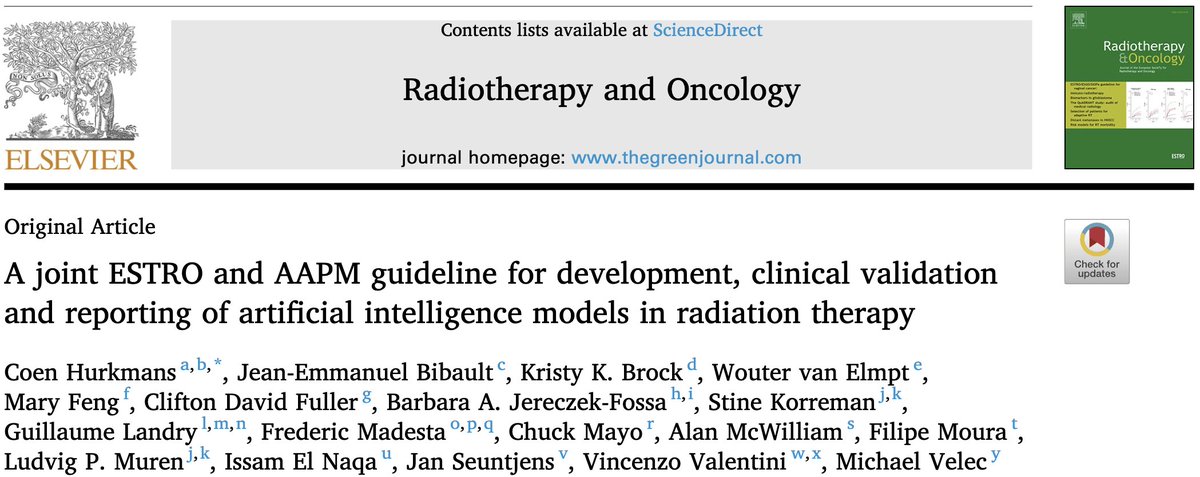 Jean-Emmanuel Bibault (@jebibault) on Twitter photo Happy to share the <a href="/ESTRO_RT/">ESTRO</a> & <a href="/aapmHQ/">American Association of Physicists in Medicine</a> guideline for development, clinical validation and reporting of artificial intelligence models in radiation therapy has been published in the @RadiotherapyOn1! It was a great effort from European and American experts in the field. Happy to share the <a href="/ESTRO_RT/">ESTRO</a> & <a href="/aapmHQ/">American Association of Physicists in Medicine</a> guideline for development, clinical validation and reporting of artificial intelligence models in radiation therapy has been published in the @RadiotherapyOn1! It was a great effort from European and American experts in the field.