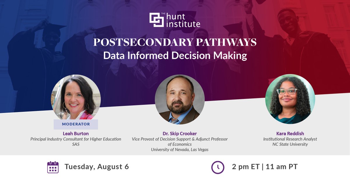 Hunt_Institute's tweet photo. Join us on August 6th, 2024 for a #PostPathways webinar on how vital data and technology are in creating institutional data-informed decision making. 

Register here: https://t.co/FK2TEuMdSO

@SASsoftware @unlv @NCState https://t.co/OjkqvLiWkb