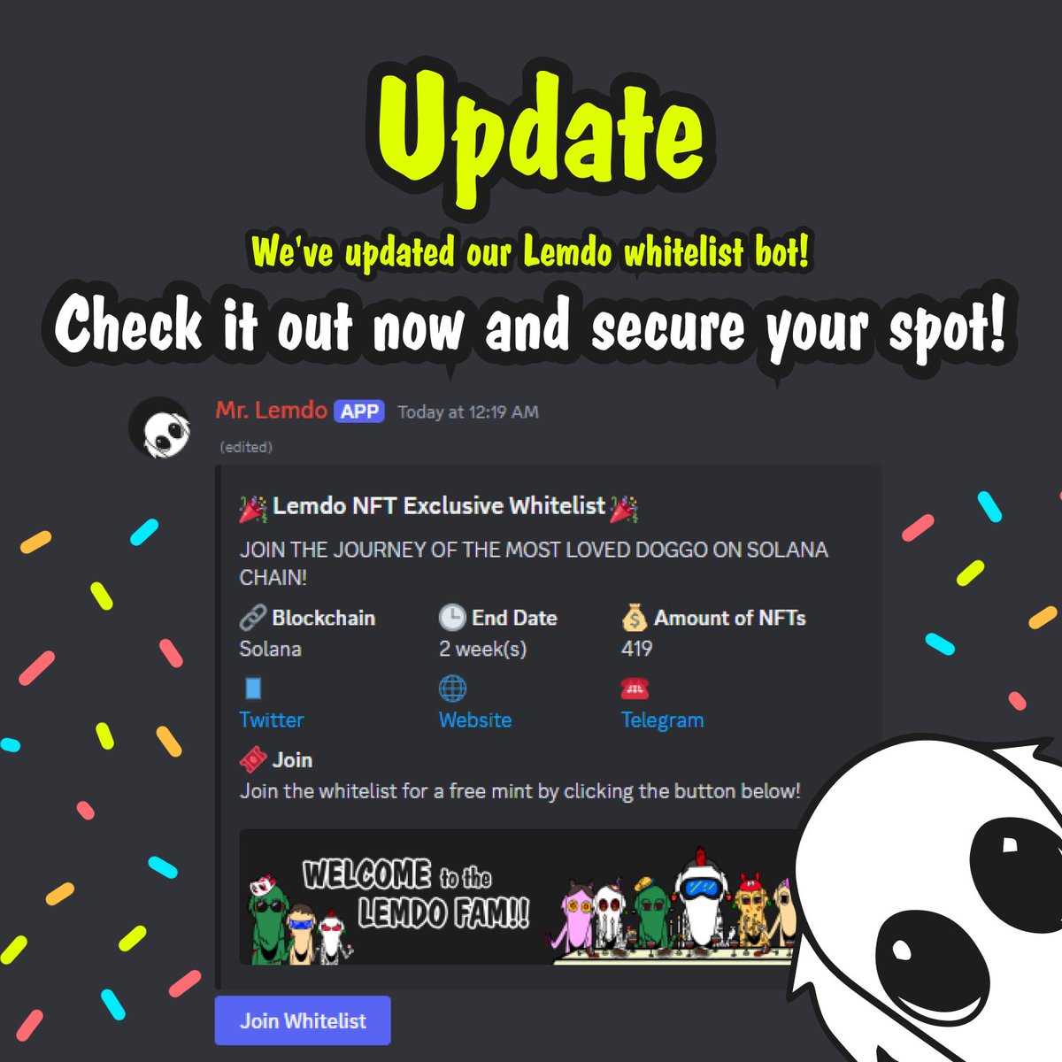 ❗ Exciting news! Our Lemdo whitelist bot just got a massive upgrade! 🌟 Don't miss out – check it out now and secure your spot. here: 👇

📱 discord.gg/FwM8kM8emA

$LMDIFU $Lemdo
🔗 letmedoitforyou.xyz
