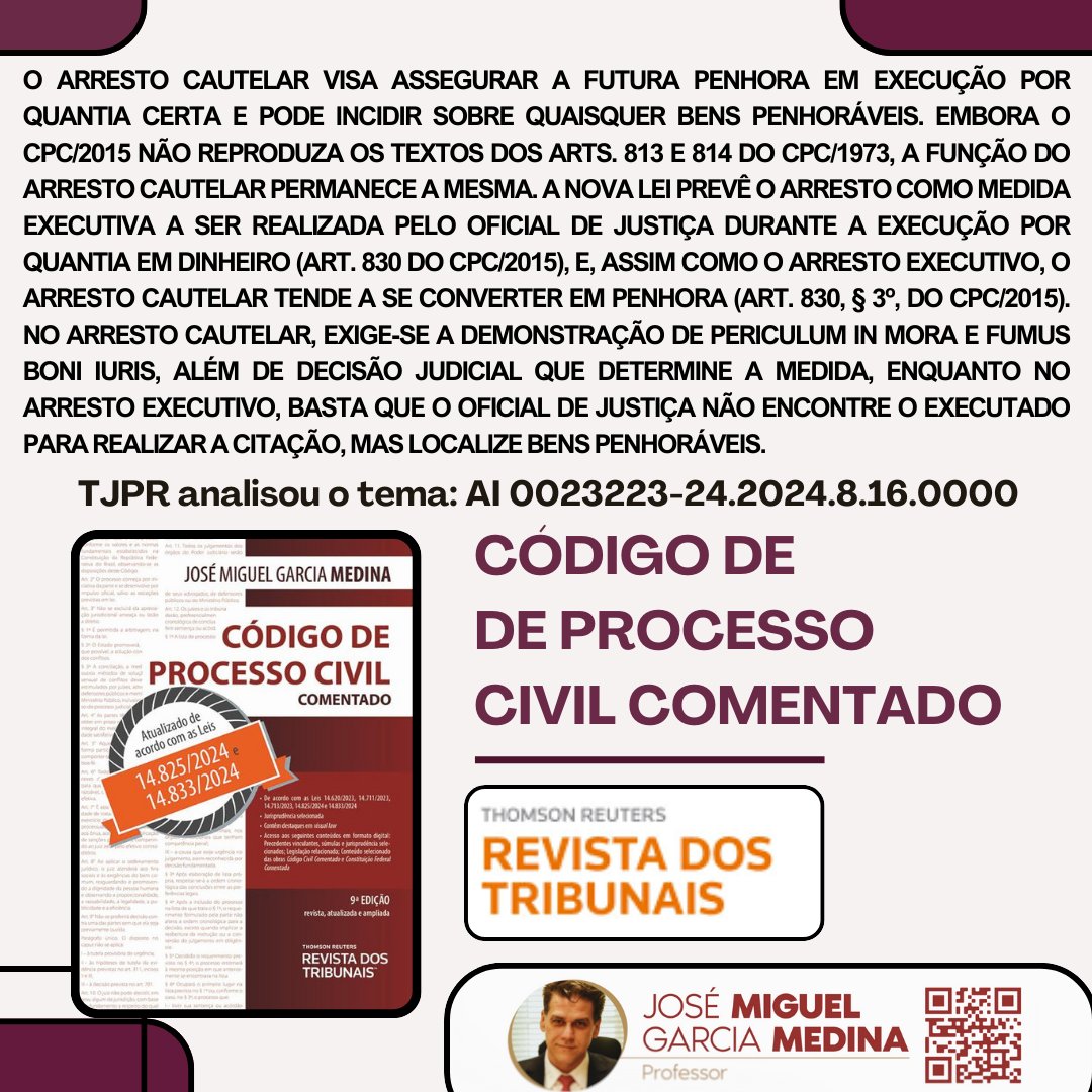 CPCComentado's tweet photo. O arresto cautelar visa assegurar a futura penhora em execução por quantia certa e pode incidir sobre quaisquer bens penhoráveis. Embora o CPC/2015 não reproduza os textos dos arts. 813 e 814 do CPC/1973, a função do arresto cautelar permanece a mesma. A nova lei prevê [...] https://t.co/S69zNpCSfo