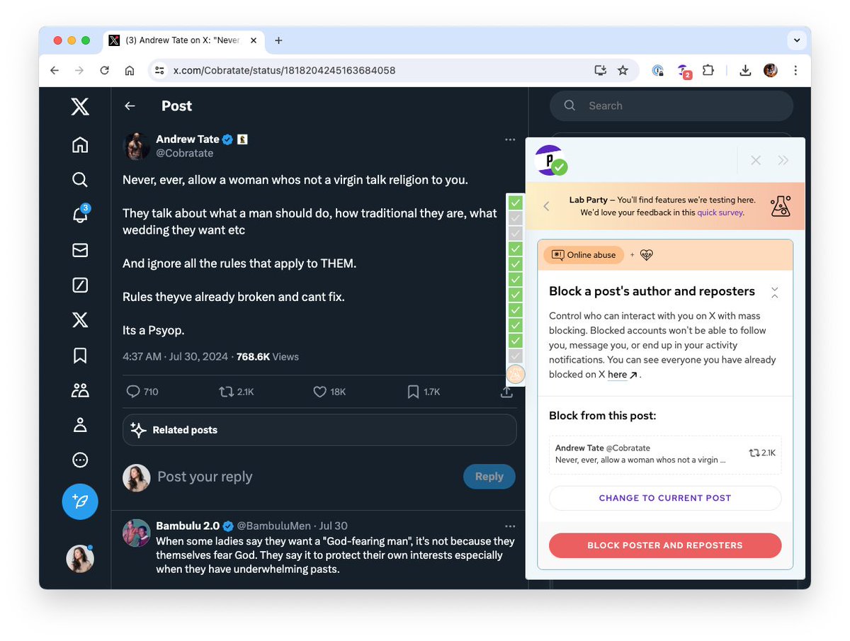 Our latest experimental feature allows you to block reposters of any post on X (Twitter). Whether you're looking to stop harassment in its tracks or clean up your feed, this tool offers the flexibility that X doesn't.

✅ Reduce harassment: Cut off the amplification of targeted