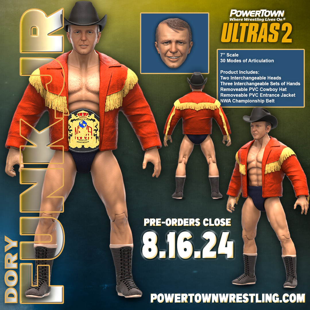 Dory Funk, Jr. is the longest-reigning NWA World Hvvyt Champion of the modern era. All Ultras 2's are enhanced to include an alternate head. Here is the reveal of Dory Funk, Jr’s. Pre-Orders end Fri, 8/16/24 at 11:59pm ET at powertownwrestling.com

It’s Their Time… Again!