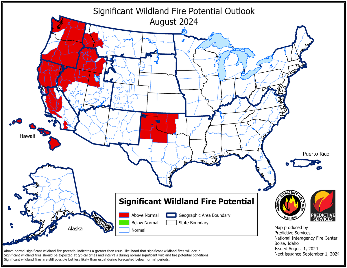 NIFC_Fire's tweet image. #NationalFireNews: Released today, Predictive Services issued the National Significant Wildland Fire Potential Outlook for the months of August through November 2024.
Read the full outlook here ➡️nifc.gov/nicc-files/pre…