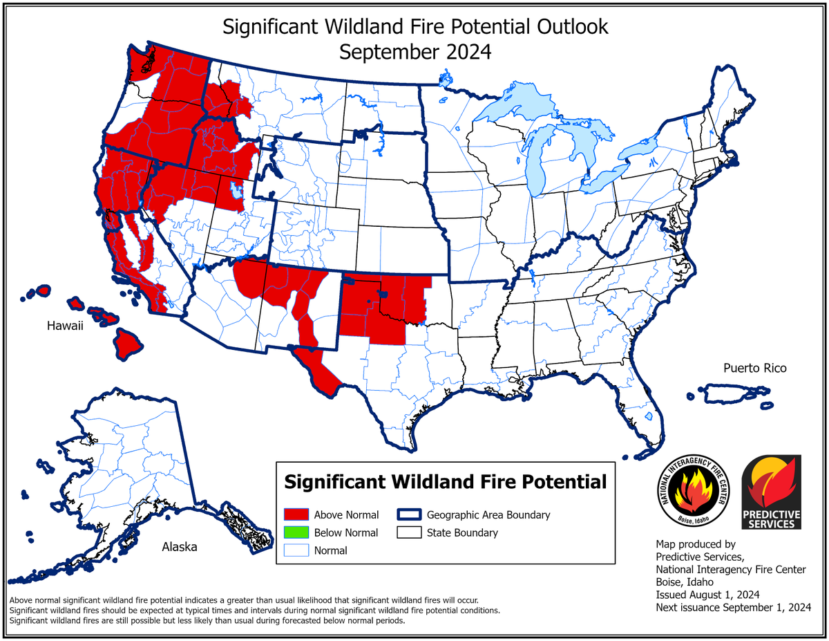 NIFC_Fire's tweet image. #NationalFireNews: Released today, Predictive Services issued the National Significant Wildland Fire Potential Outlook for the months of August through November 2024.
Read the full outlook here ➡️nifc.gov/nicc-files/pre…