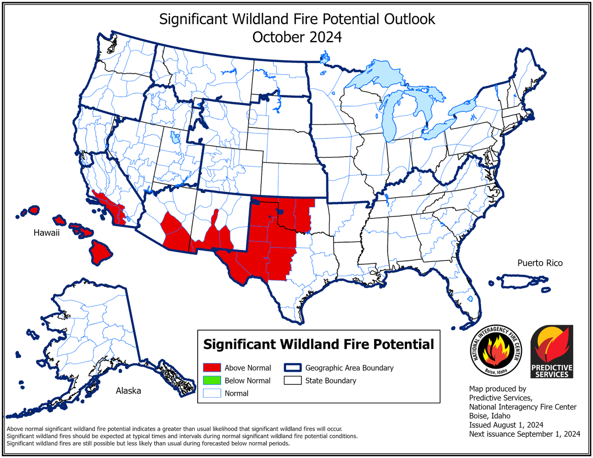 NIFC_Fire's tweet image. #NationalFireNews: Released today, Predictive Services issued the National Significant Wildland Fire Potential Outlook for the months of August through November 2024.
Read the full outlook here ➡️nifc.gov/nicc-files/pre…