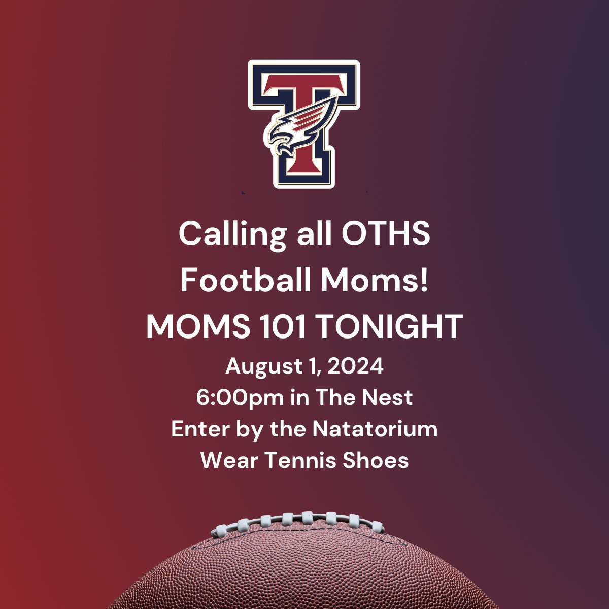 OTHSABClub's tweet photo. REMINDER! OTHS Football Moms! MOMS 101 is tonight!
Stop by and see us in The Nest at 6pm! Wear tennis shoes!!
#othsabc #othsfootball #falconsfootball #tompkinsfootball #footballmoms https://t.co/sUJyZ0ZMwh