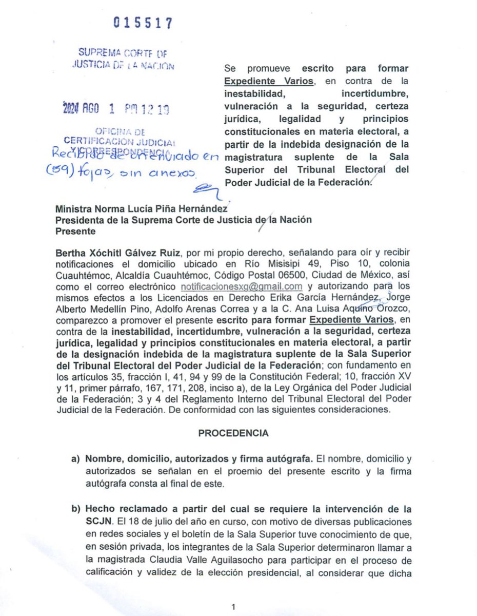 XochitlGalvez's tweet photo. Solicité a la @SCJN que ordene al @TEPJF_informa nombre de manera debida a las magistraturas vacantes para calificar la elección presidencial.

También, pedí que se suspenda el procedimiento hasta que el órgano se encuentre debidamente integrado con 7 magistrados. 

Es momento de hacer valer la ley.