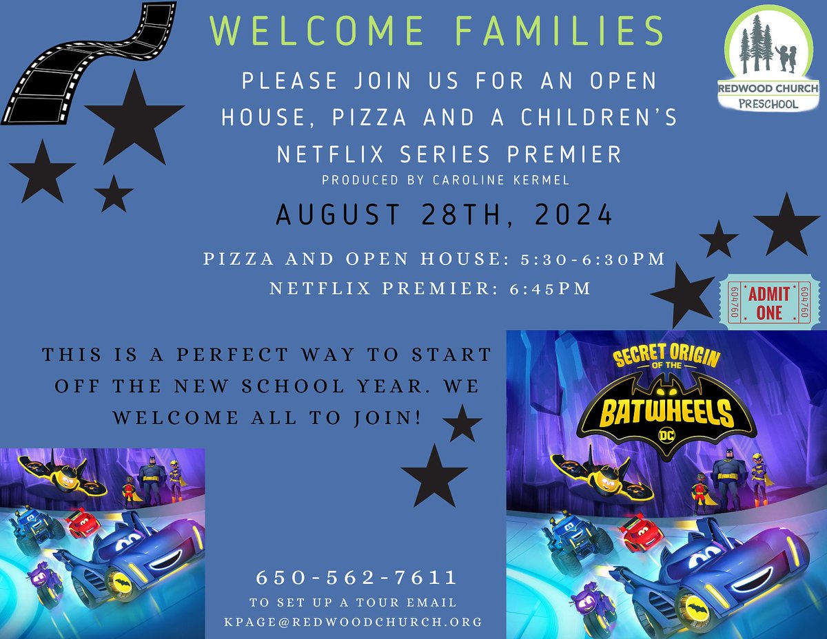 CarolineKermel's tweet photo. The @Netflix animated preschool series I produce @Batwheels has an upcoming event!  @RedwoodChurch will be hosting a Batwheels screening event + open house to kick off the new school year. All are welcome! They still has some openings available for Fall enrollment! https://t.co/fLPNafUlS9