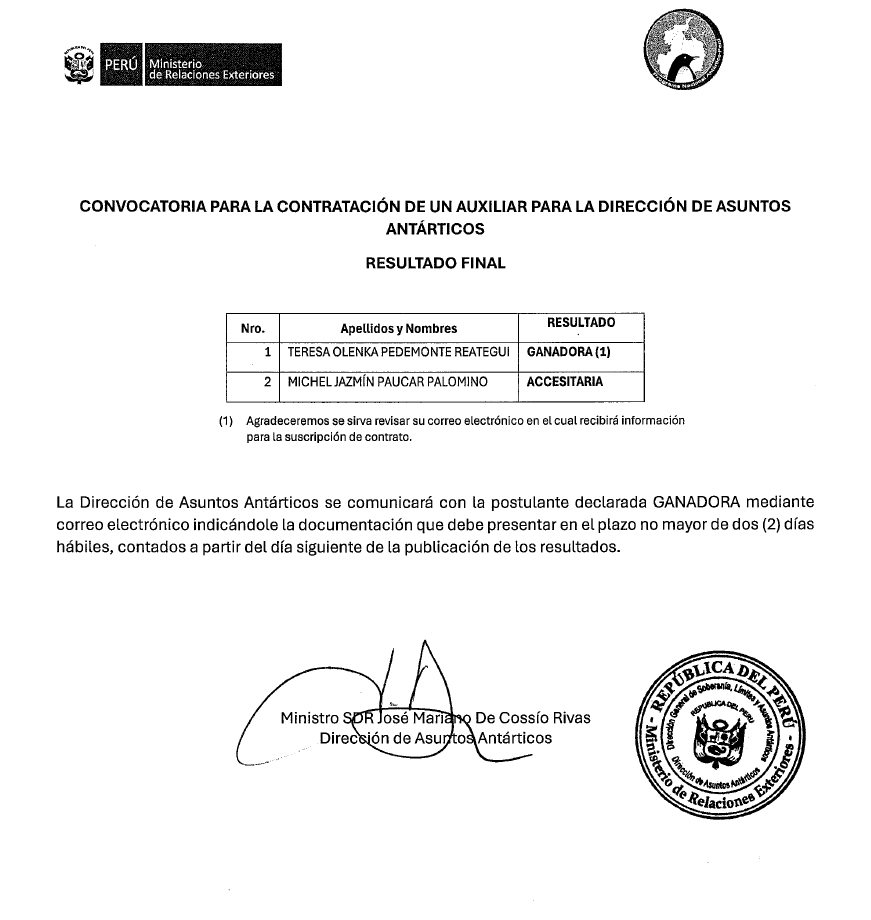 PeruAntartico's tweet photo. RESULTADO FINAL DE LA CONVOCATORIA PARA LA CONTRATACIÓN DE UN AUXILIAR PARA LA DIRECCIÓN DE ASUNTOS ANTÁRTICOS. https://t.co/kxJuP8oh6I