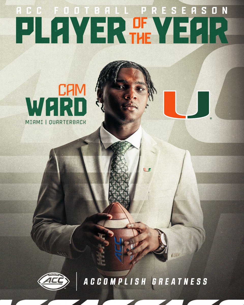 ACC Football (@accfootball) on Twitter photo 𝘼𝙇𝙇 𝙀𝙔𝙀𝙎 𝙊𝙉 𝘾𝘼𝙈 ⭐️
ACC Preseason Player of the Year: <a href="/Cameron7Ward/">Cameron Ward</a>
<a href="/CanesFootball/">Miami Hurricanes Football</a> | theacc.co/24fbpreseasont… 𝘼𝙇𝙇 𝙀𝙔𝙀𝙎 𝙊𝙉 𝘾𝘼𝙈 ⭐️
ACC Preseason Player of the Year: <a href="/Cameron7Ward/">Cameron Ward</a>
<a href="/CanesFootball/">Miami Hurricanes Football</a> | theacc.co/24fbpreseasont…