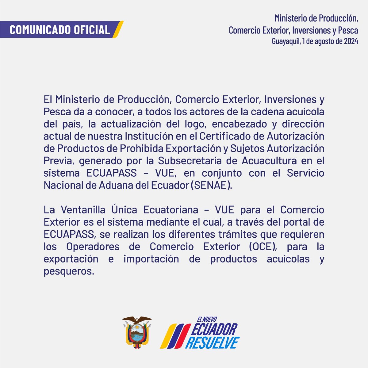 ¡Novedades importantes para la acuicultura ecuatoriana!
🇪🇨🦐🌎

🔄<a href="/Produccion_Ecu/">Ministerio de Producción</a> anuncia la actualización del Certificado de Autorización de Productos de Prohibida Exportación y Sujetos a Autorización Previa en ECUAPASS - VUE.

Acá te detallamos de qué se trata👇