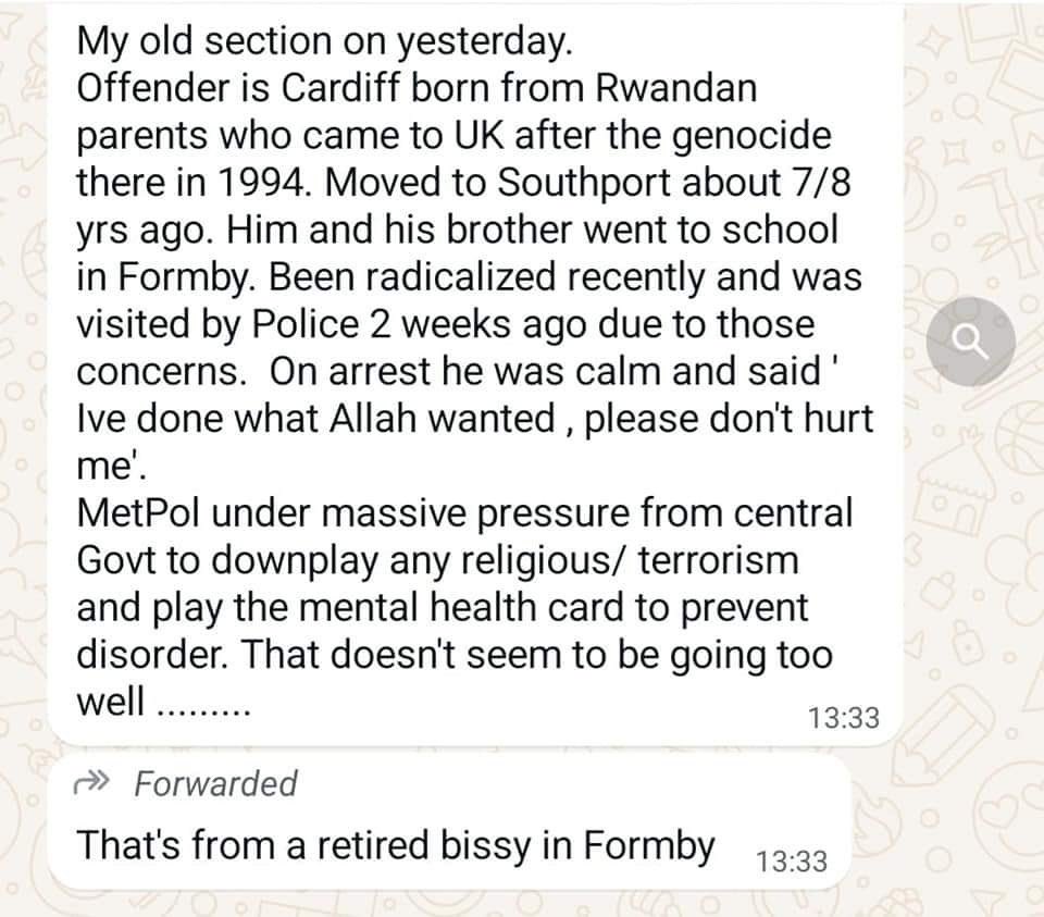 SickOfItteo's tweet image. According to an ex copper. 
The murdering “Welshman” was a radical Muslim who has had multiple visits from the police. 
It would seem the fact he was a Muslim is being covered up by police and government