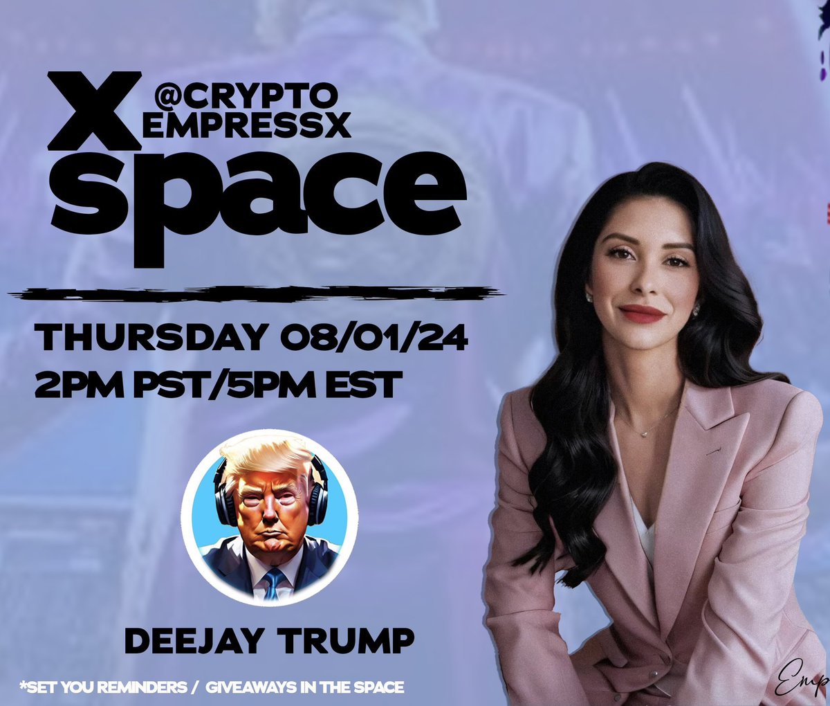 🚨GIVEAWAY ALERT 🚨 

$25 ETH base || (2) Lucky Winners 

1.Follow:
 <a href="/CryptoEmpressX/">ℂ𝕣𝕪𝕡𝕥𝕠𝔼𝕞𝕡𝕣𝕖𝕤𝕤🤍</a> <a href="/Benji_420/">Benji</a> 
<a href="/Lysss302/">Lyss</a> 
<a href="/DeeJTrumpToken/">DJ Trump</a> 

2. 💗&amp; ♻️
3. Tag 2 Degens

You must be in the space to win! 08/01✨

🖇️ x.com/i/spaces/1LyxB…

#Giveaway #GivingBack #ETH #onchainsummer 
#Trump